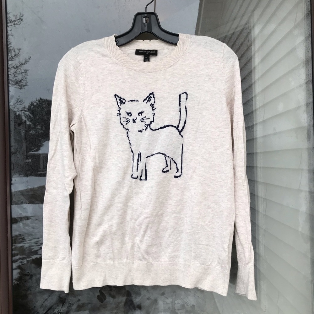 Cream Cat Scalloped Neck Sweater